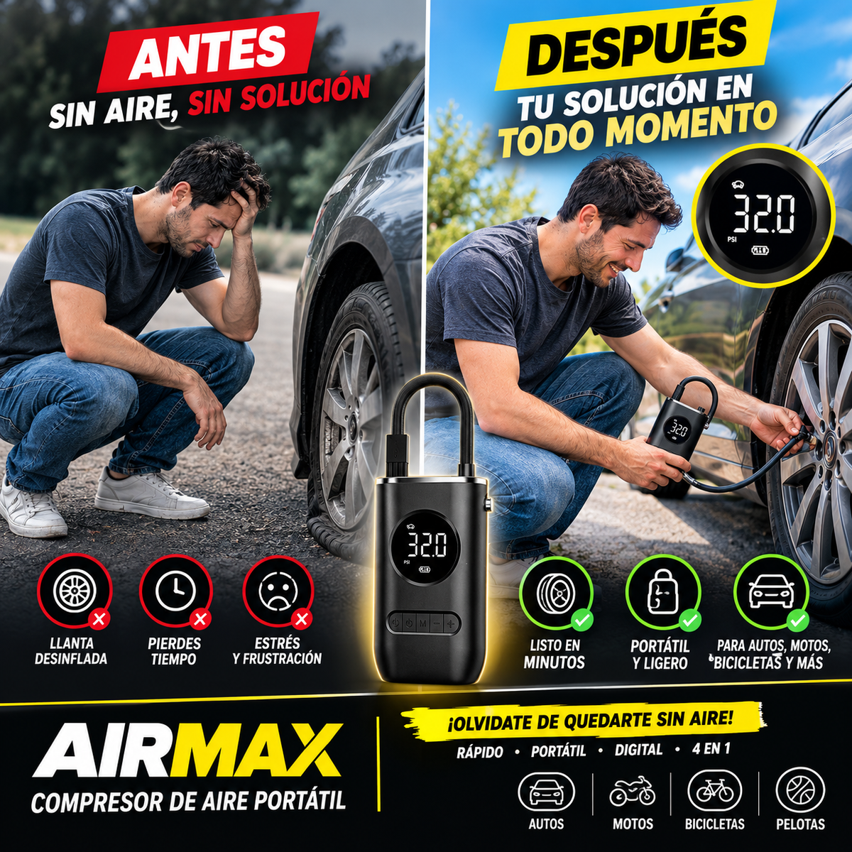 ⚡ AIRMAX 4 EN 1  COMPRESOR DE AIRE PORTÁTIL